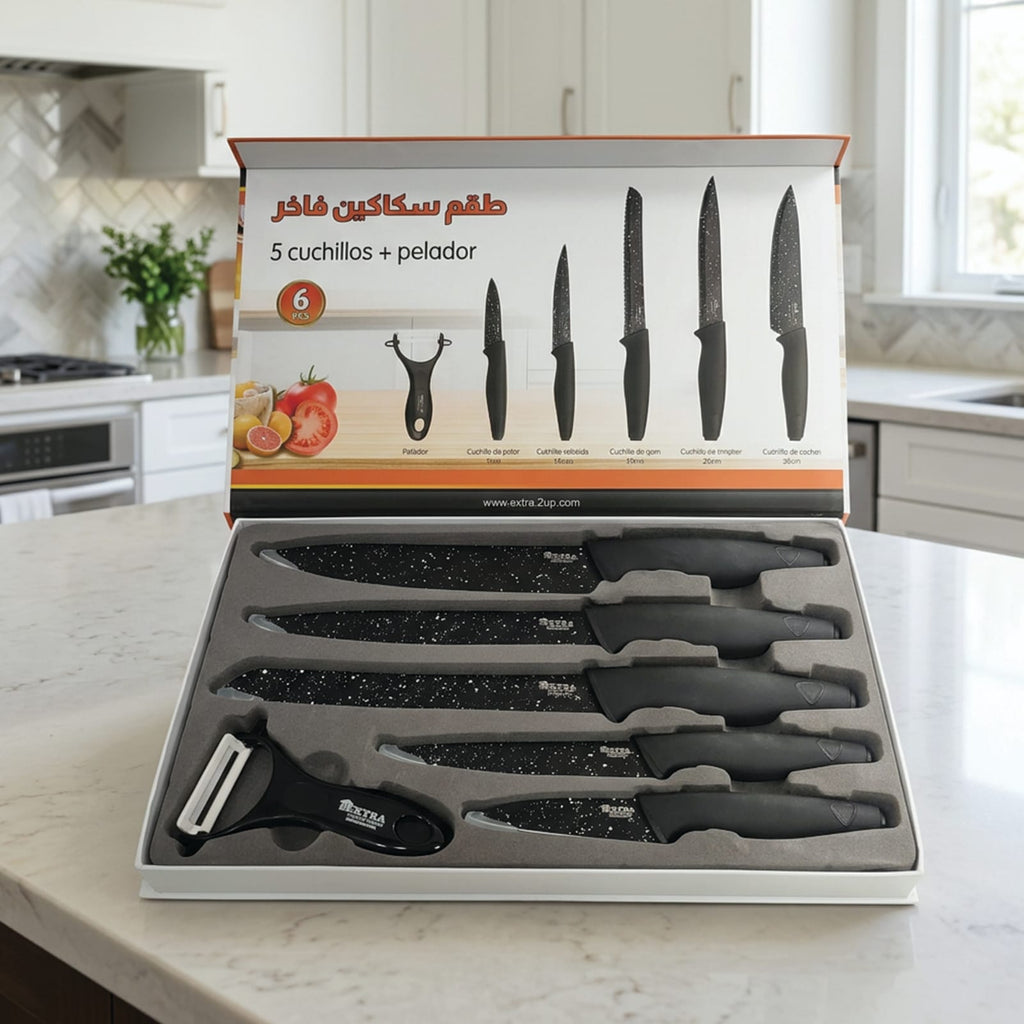 Premium 6-Piece Granite Coated Kitchen Knife Set with Peeler | Ultra Sharp Non-Stick Blades | All-in-One Kitchen Knife Set With Stainless Steel Blades for Home & Professional Use