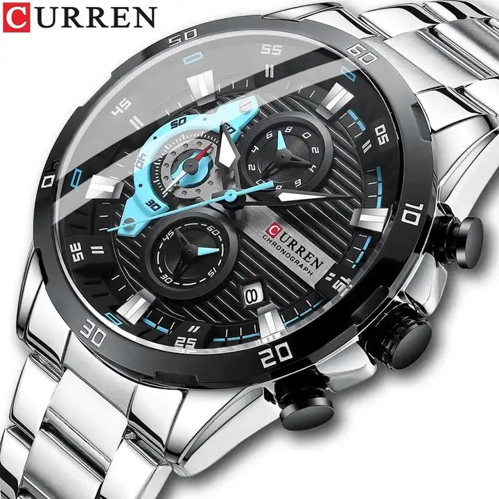 CURREN 8402 Stainless Steel Business Waterproof Chronograph Wristwatch Sport Clock Quartz Watch for Men Ideal for Gift