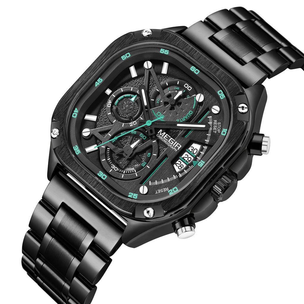 MEGIR 2217 Luxury Square Dial Chronograph Watch for Men – Stainless Steel Strap Quartz Wristwatch with Luminous Hands, Auto Date Calendar, Waterproof Business & Sport Watch