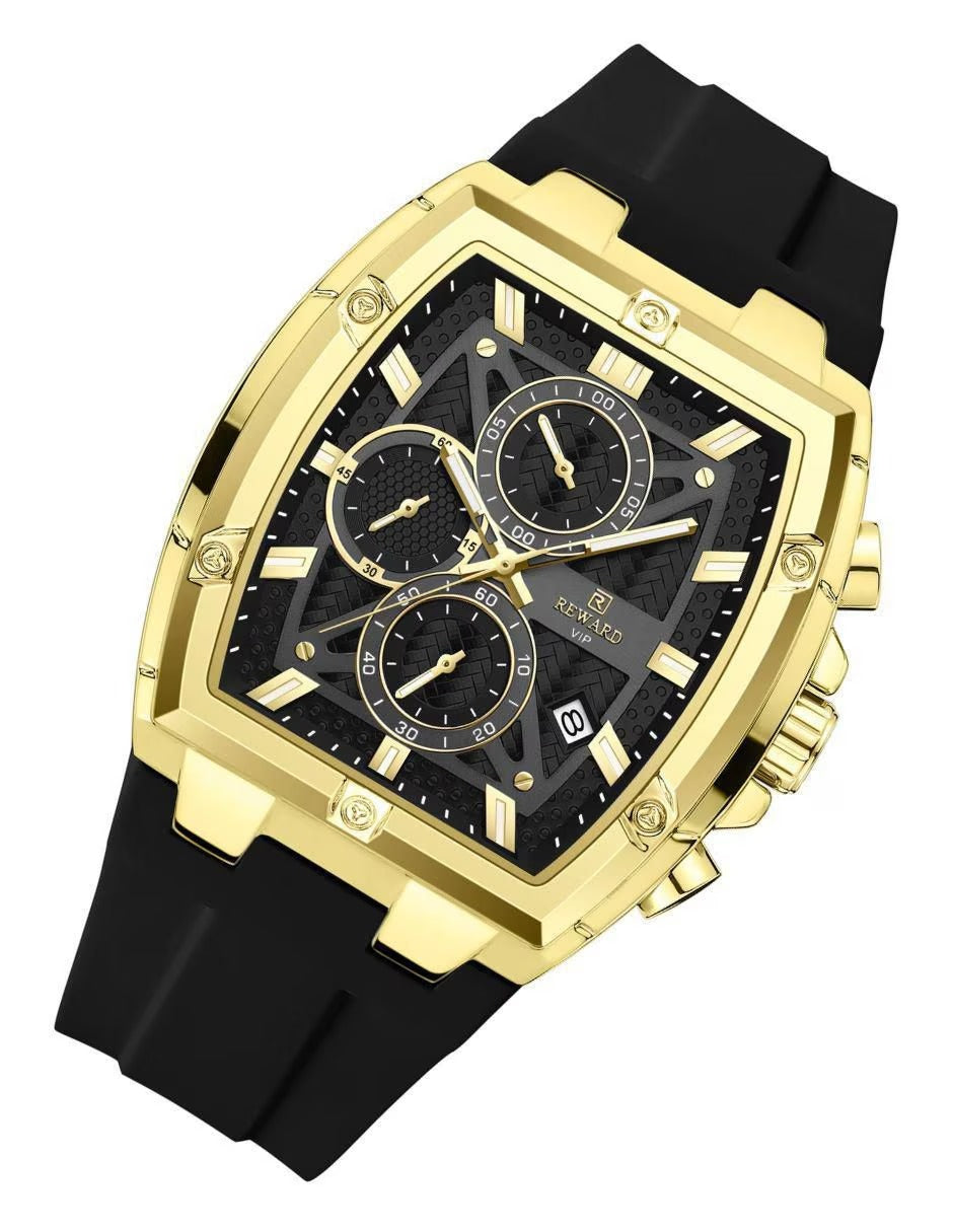 Luxury Gold Chronograph Men's Watch – REWARD VIP Designer Square Dial Silicone Strap Waterproof Quartz Wristwatch Limited Edition - Ideal for Gift