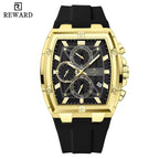 Luxury Gold Chronograph Men's Watch – REWARD VIP Designer Square Dial Silicone Strap Waterproof Quartz Wristwatch Limited Edition - Ideal for Gift