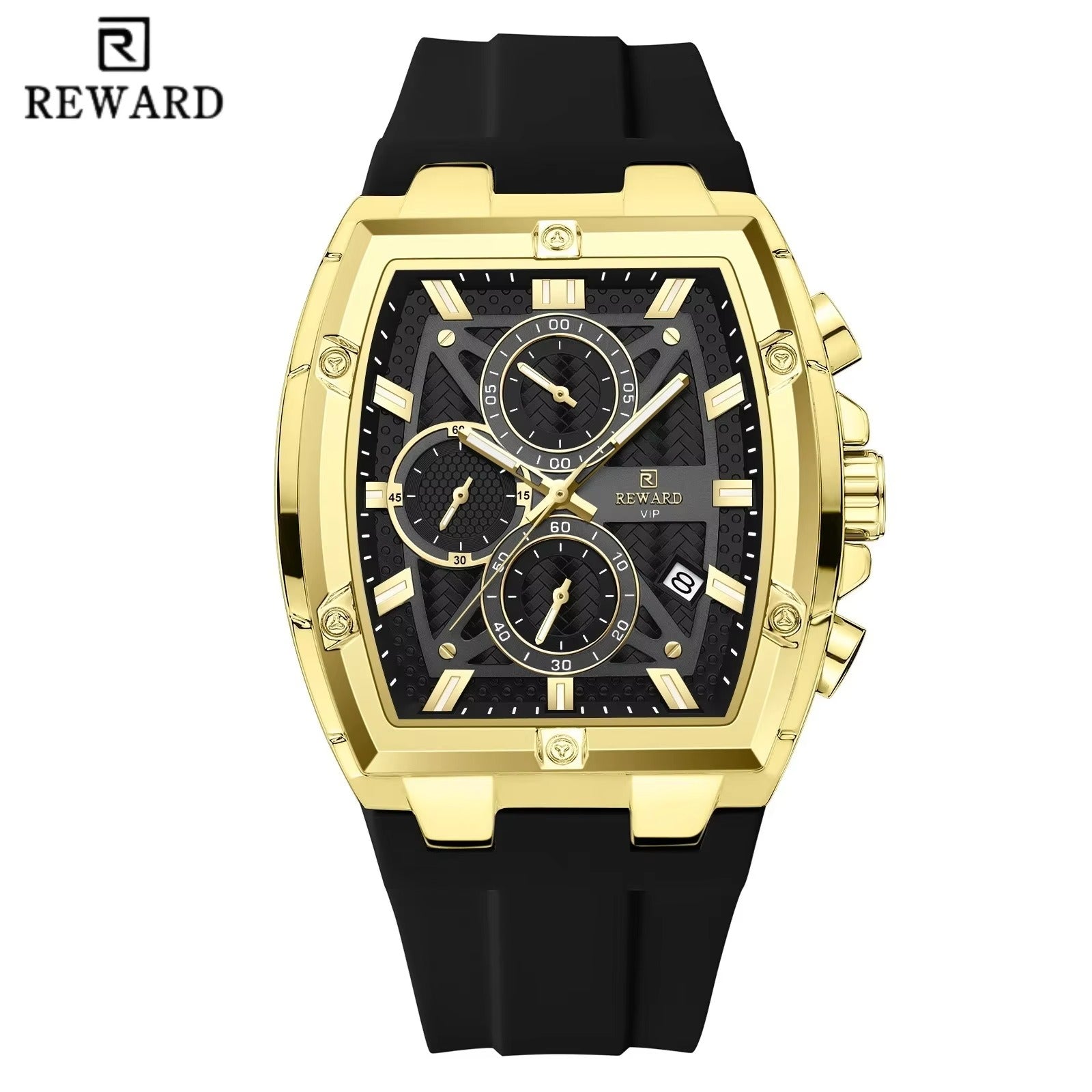 Luxury Gold Chronograph Men's Watch – REWARD VIP Designer Square Dial Silicone Strap Waterproof Quartz Wristwatch Limited Edition - Ideal for Gift